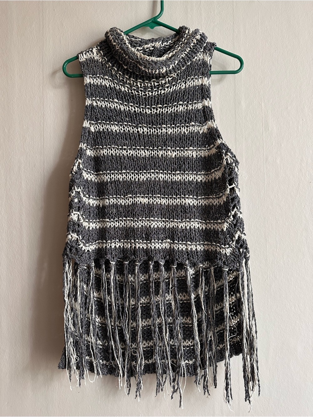 Free People Folksong Fringe Knit Striped Cowl Neck Sleeveless Sweater, XS